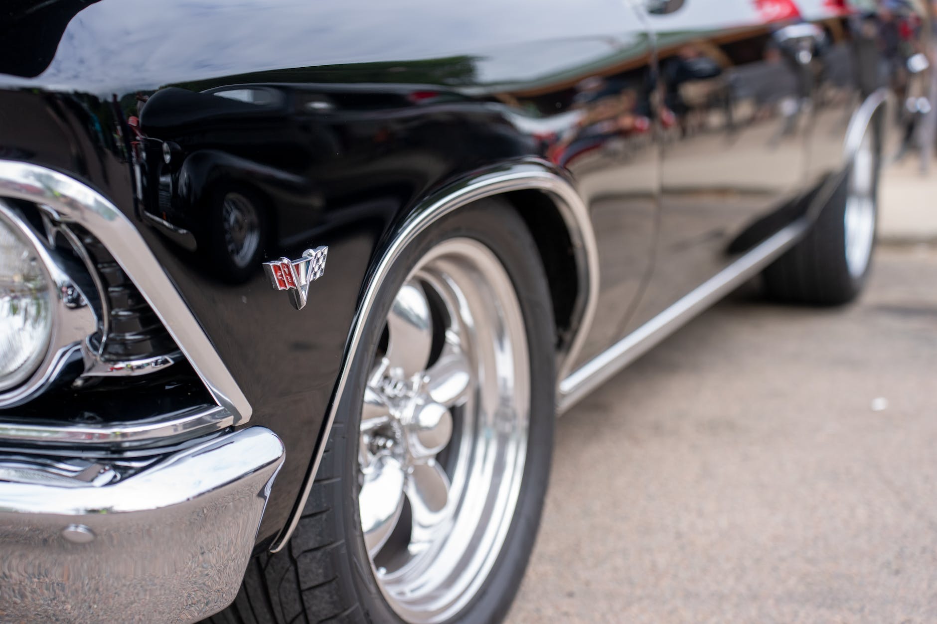 close up of a black vintage chevrolet chevelle